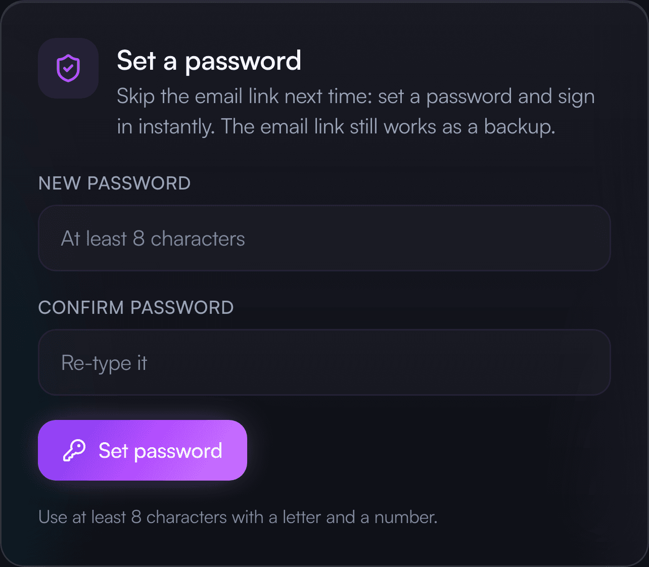 The set a password card